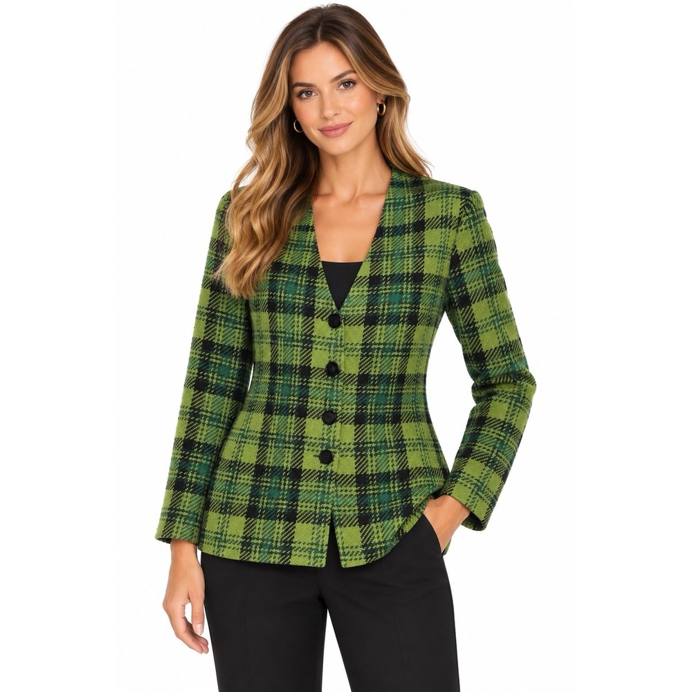 Vintage Le Suit Blazer 10P Green Plaid Wool Jacket Academia Preppy Cottagecore